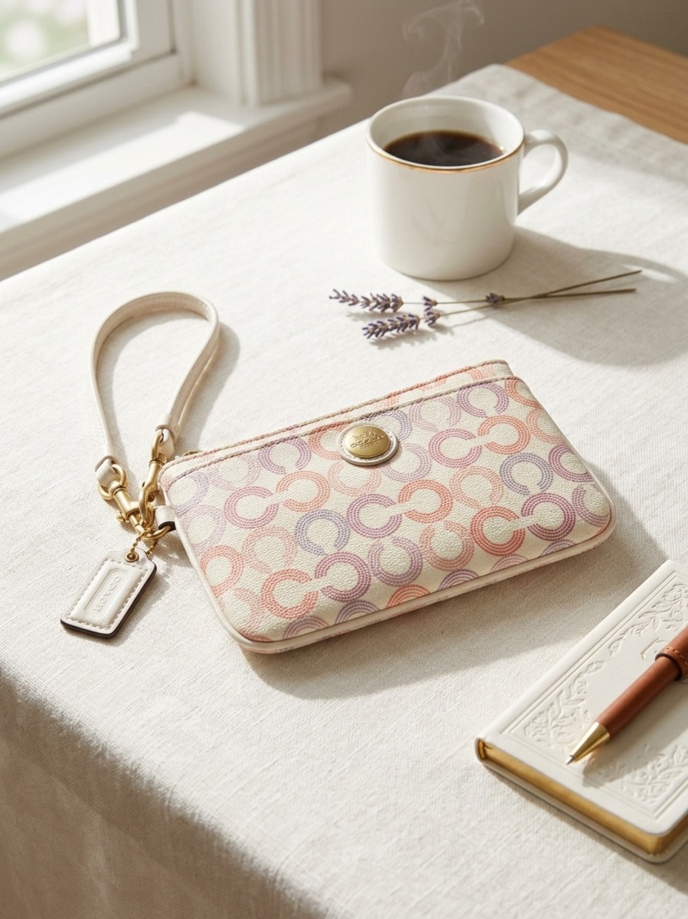 Coach Pastel Signature Card Wristlet in Cream, Pink & Lavender